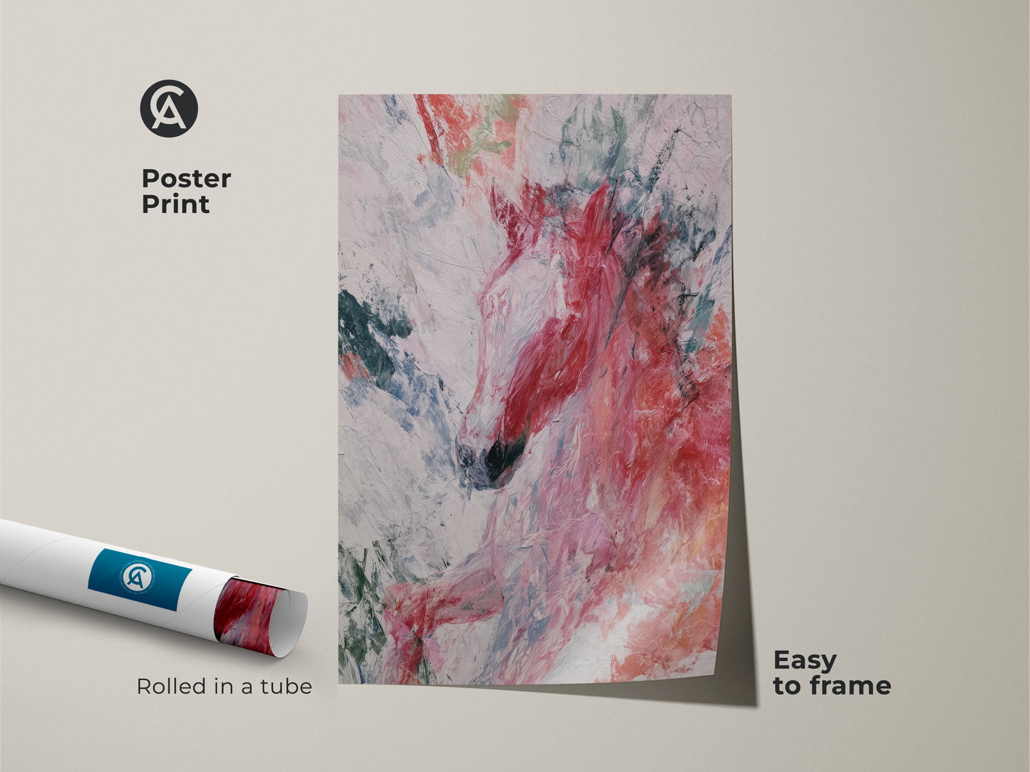 Poster print of an abstract horse artwork rolled in a tube. The image displays vibrant coral teal and pink tones perfect for framing. This expressive animal print captures the essence of movement. It is an excellent gift for equestrian enthusiasts seeking to add a touch of modern art to their home.