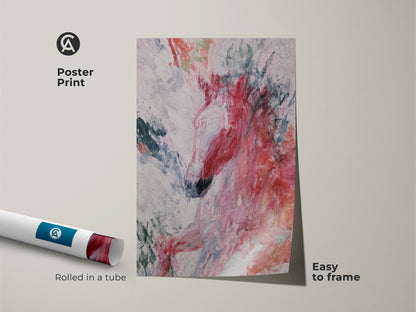 Poster print of an abstract horse artwork rolled in a tube. The image displays vibrant coral teal and pink tones perfect for framing. This expressive animal print captures the essence of movement. It is an excellent gift for equestrian enthusiasts seeking to add a touch of modern art to their home.