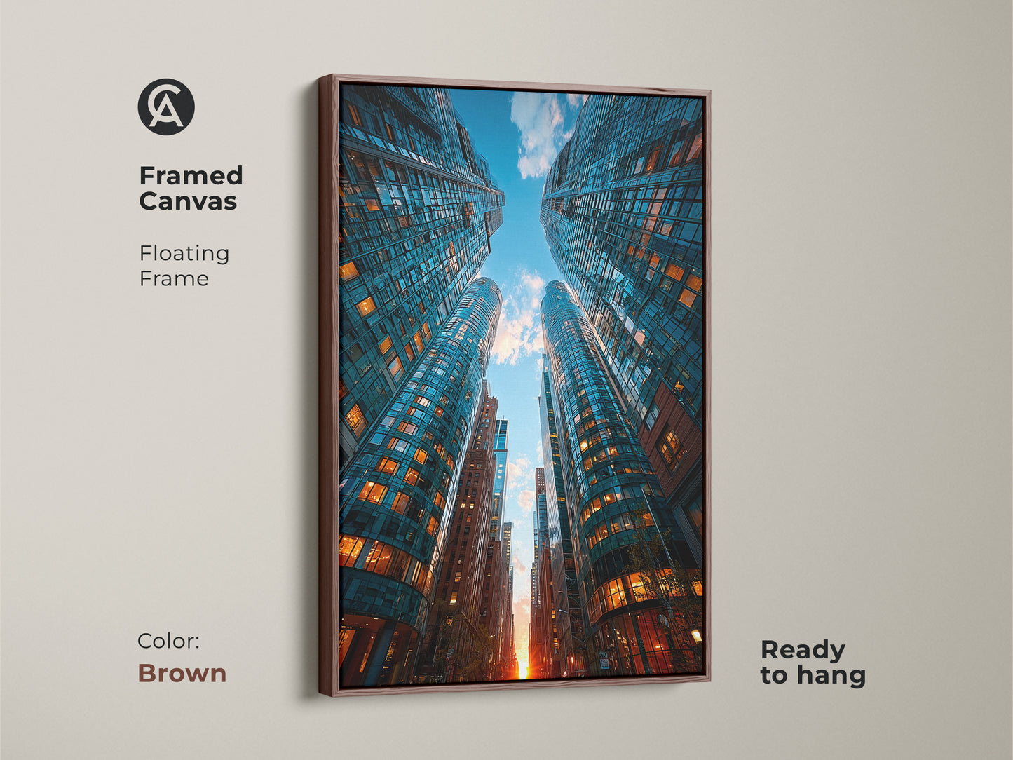 Framed canvas showcases modern blue and orange skyscrapers. Contemporary urban artwork framed in brown. A sophisticated architectural art print. This city view canvas art is a perfect gift for city lovers. Elevates modern home decor. Ready to hang.