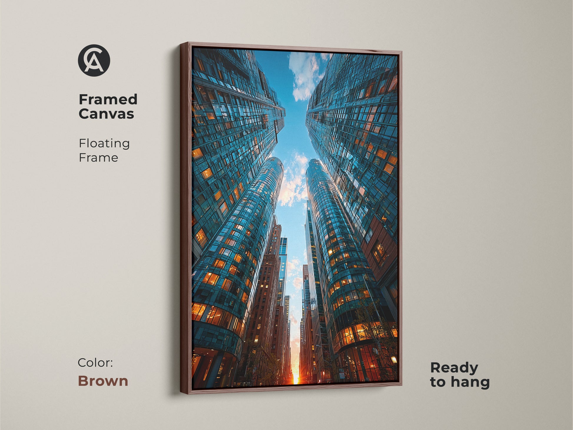 Framed canvas showcases modern blue and orange skyscrapers. Contemporary urban artwork framed in brown. A sophisticated architectural art print. This city view canvas art is a perfect gift for city lovers. Elevates modern home decor. Ready to hang.