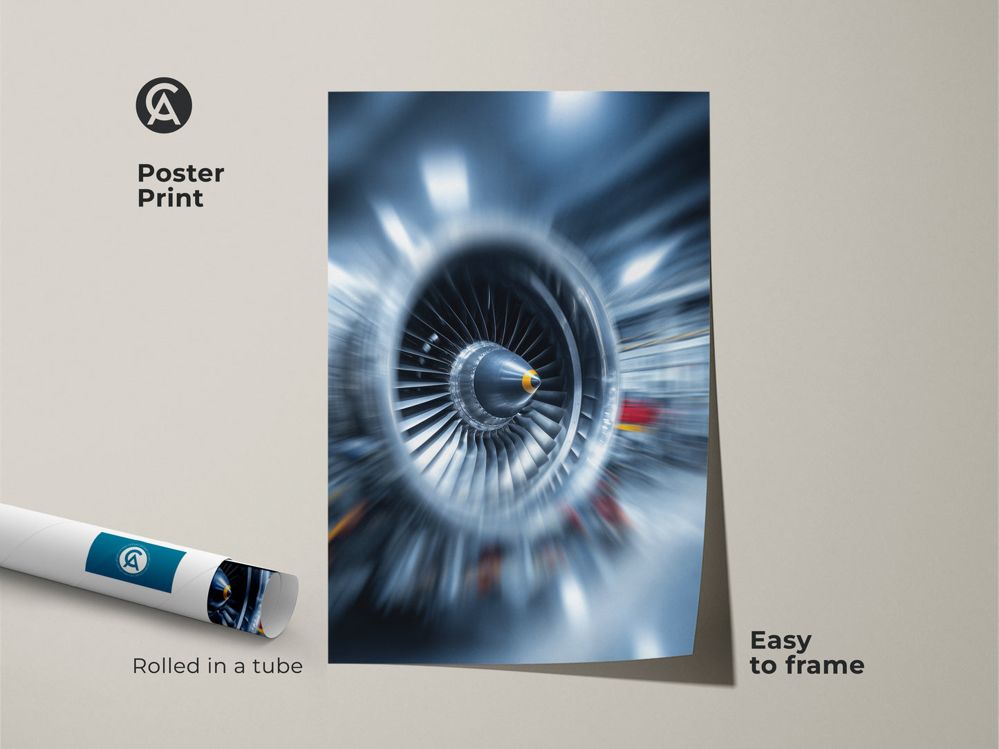 Abstract jet engine art as a poster print. This turbine blades artwork is rolled in a tube for easy framing. The modern abstract artwork features deep blue and steel gray tones. Ideal for adding an industrial touch to your office or home. A great gift for engineers.