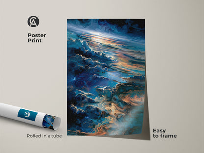 Poster print showcasing celestial cloud art. The poster arrives rolled in a tube for protection. Easy to frame for custom decor. The artwork features a stunning skyscape in blue and gold. Perfect for art lovers.