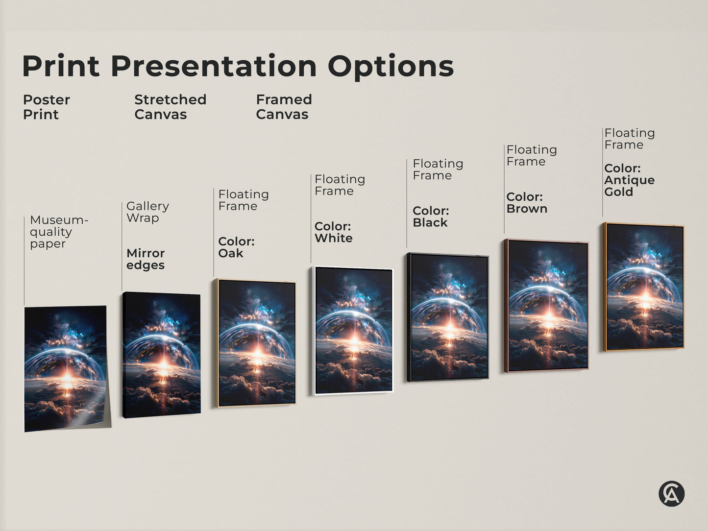Print presentation options including poster print stretched canvas and framed canvas. Each features a captivating earthrise scene. Choose the perfect style to complement your home decor. Explore various framing and material options for this artwork.