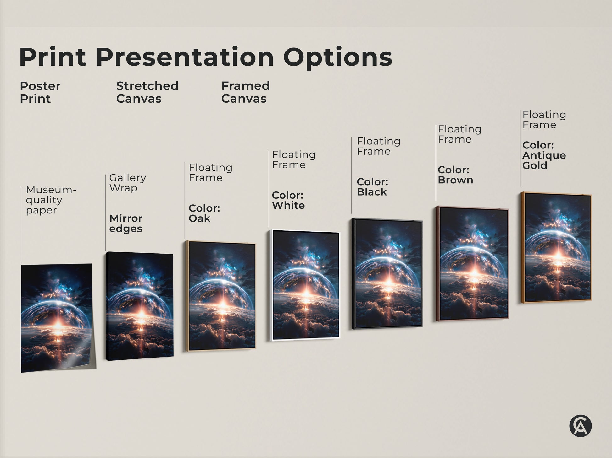 Print presentation options including poster print stretched canvas and framed canvas. Each features a captivating earthrise scene. Choose the perfect style to complement your home decor. Explore various framing and material options for this artwork.