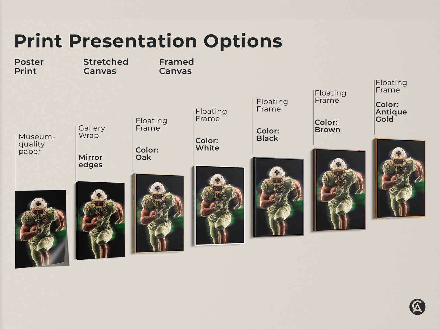 Explore print presentation options for the American Football artwork. Choose from poster prints stretched canvas or framed canvas. Find the perfect modern sports decor for your space or as a gift.