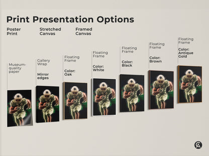 Explore print presentation options for the American Football artwork. Choose from poster prints stretched canvas or framed canvas. Find the perfect modern sports decor for your space or as a gift.