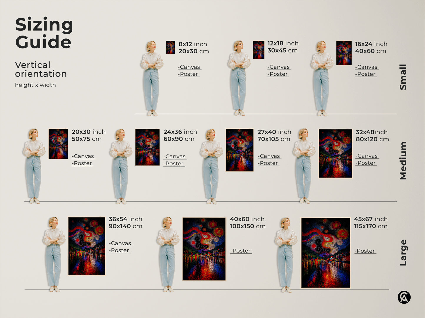 Sizing Guide for the Vertical orientation Abstract Village Night Sky artwork. Canvas and Poster prints are available in sizes from Small to Medium to Large for varied residential wall art decor.