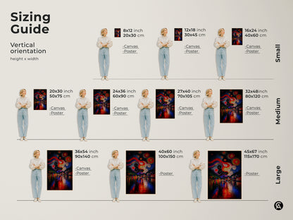 Sizing Guide for the Vertical orientation Abstract Village Night Sky artwork. Canvas and Poster prints are available in sizes from Small to Medium to Large for varied residential wall art decor.