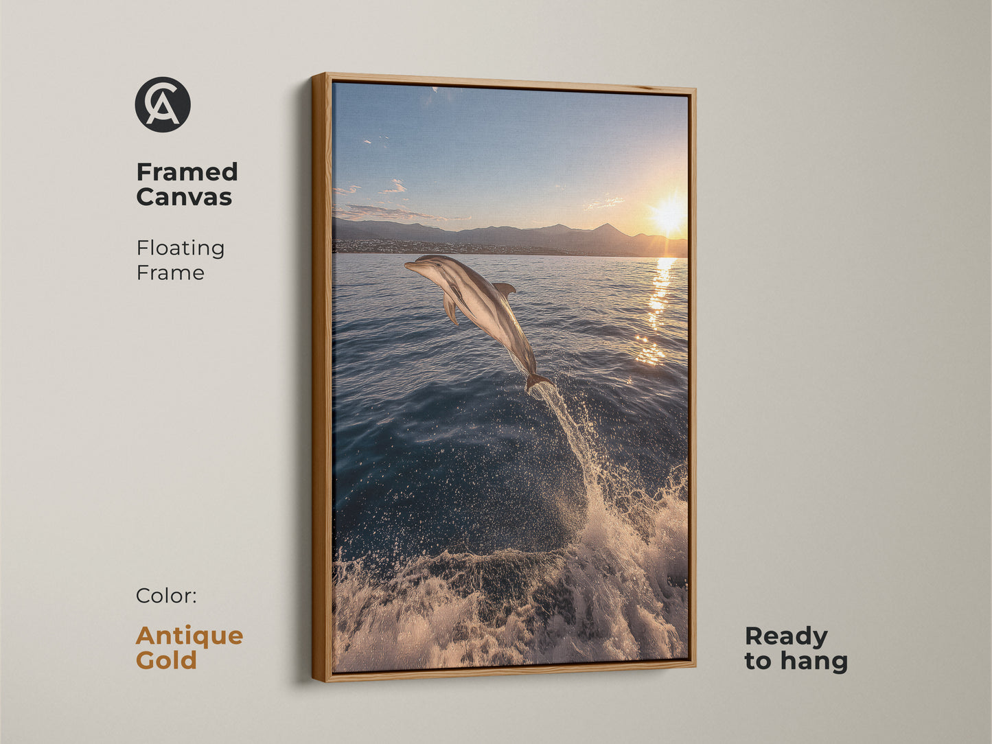 A framed canvas print of a dolphin jumping out of the ocean at sunset. The floating antique gold frame enhances the deep blue ocean and golden yellow sky. This ready-to-hang coastal artwork brings a realistic ocean theme to any space. Perfect for beach house decor and art collectors.