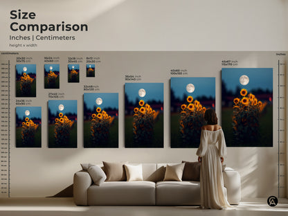 Size comparison of sunflower moon artwork in inches and centimeters. See how the botanical wall art print looks in different sizes. From small to extra large you can find the perfect fit for your space. Dreamy boho decor for any room.