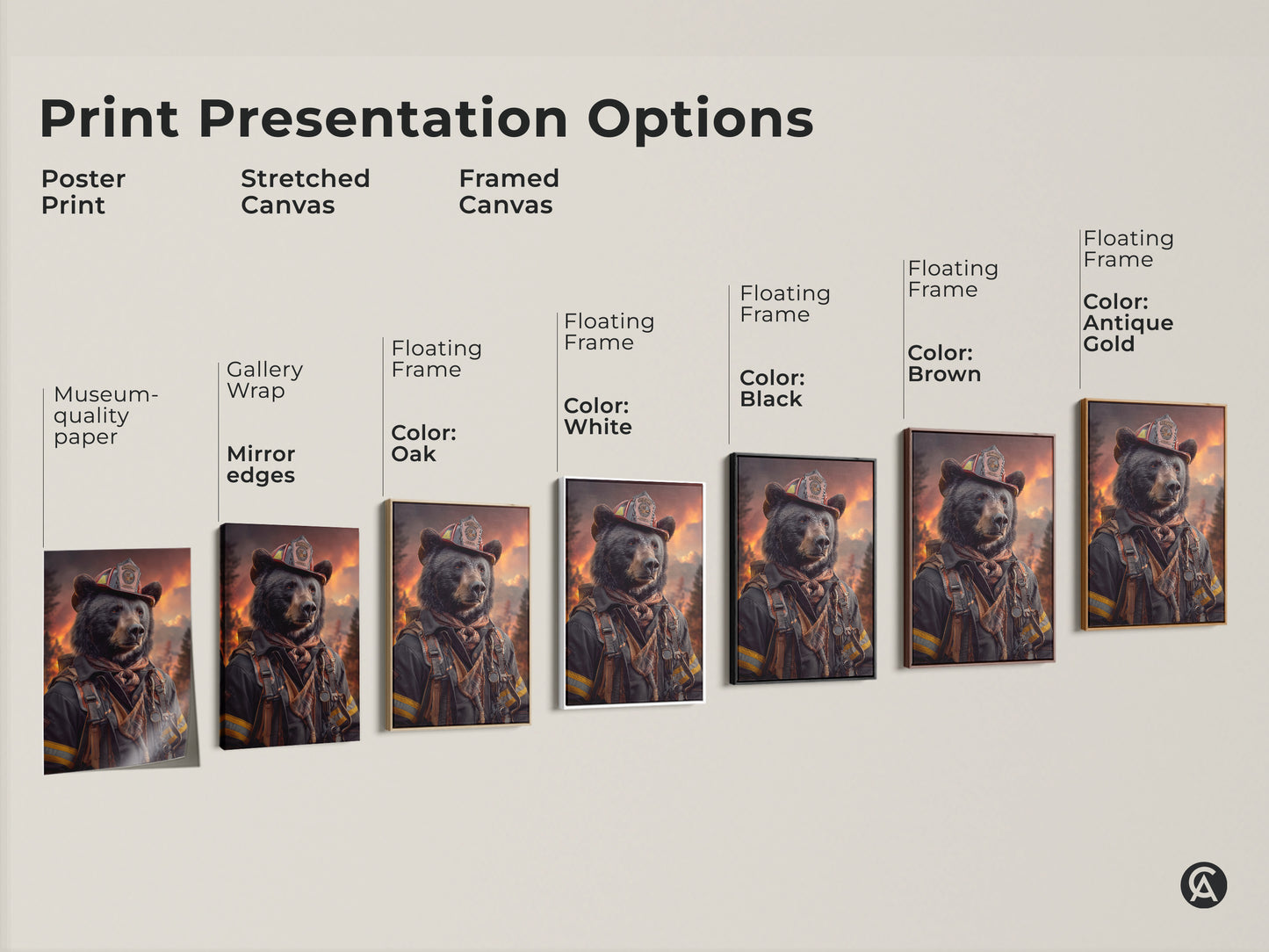 Print presentation options showcasing the bear firefighter art print in various formats. Poster print stretched canvas and framed canvas options. Discover the perfect eclectic wall art.