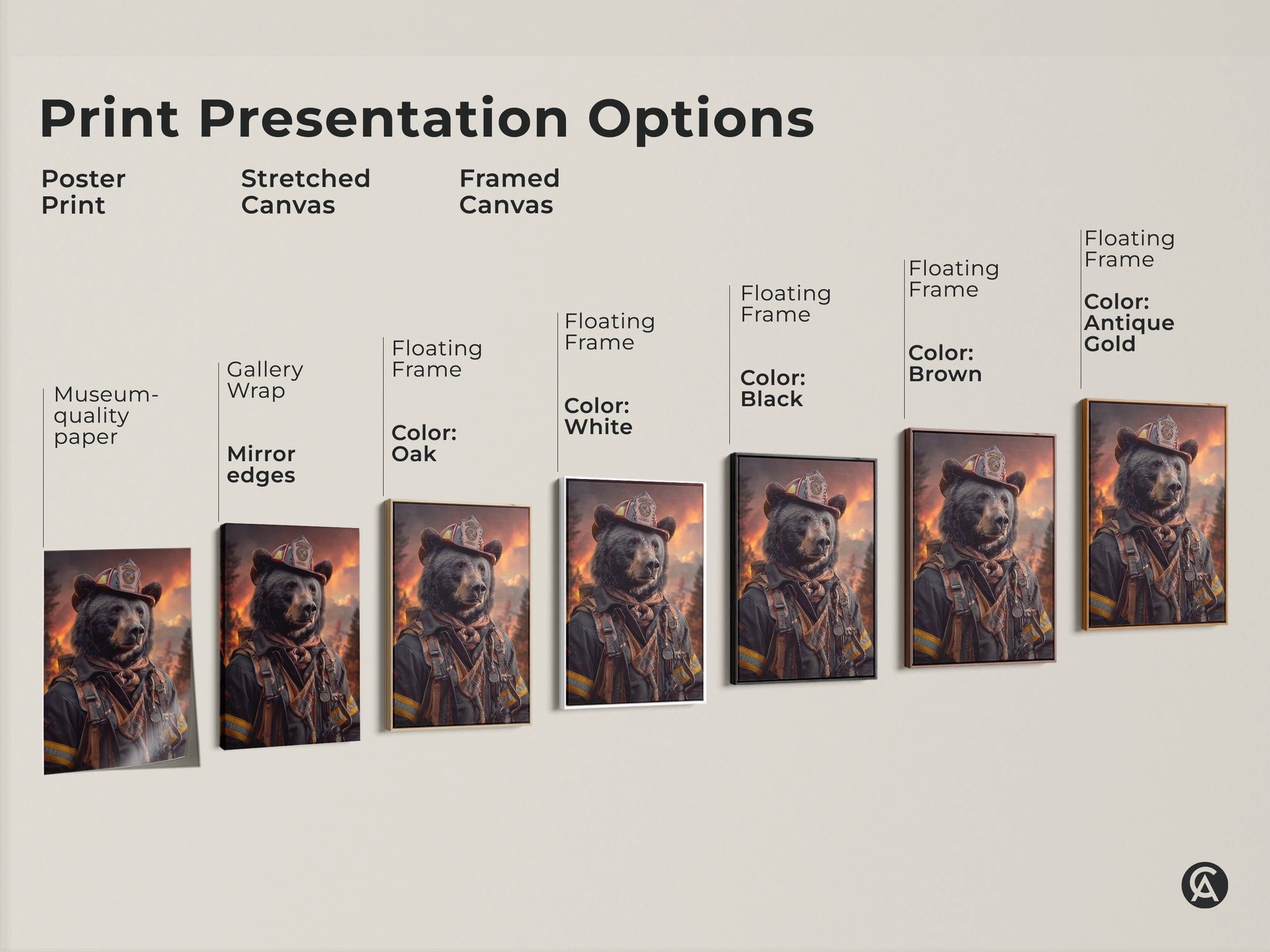 Print presentation options showcasing the bear firefighter art print in various formats. Poster print stretched canvas and framed canvas options. Discover the perfect eclectic wall art.