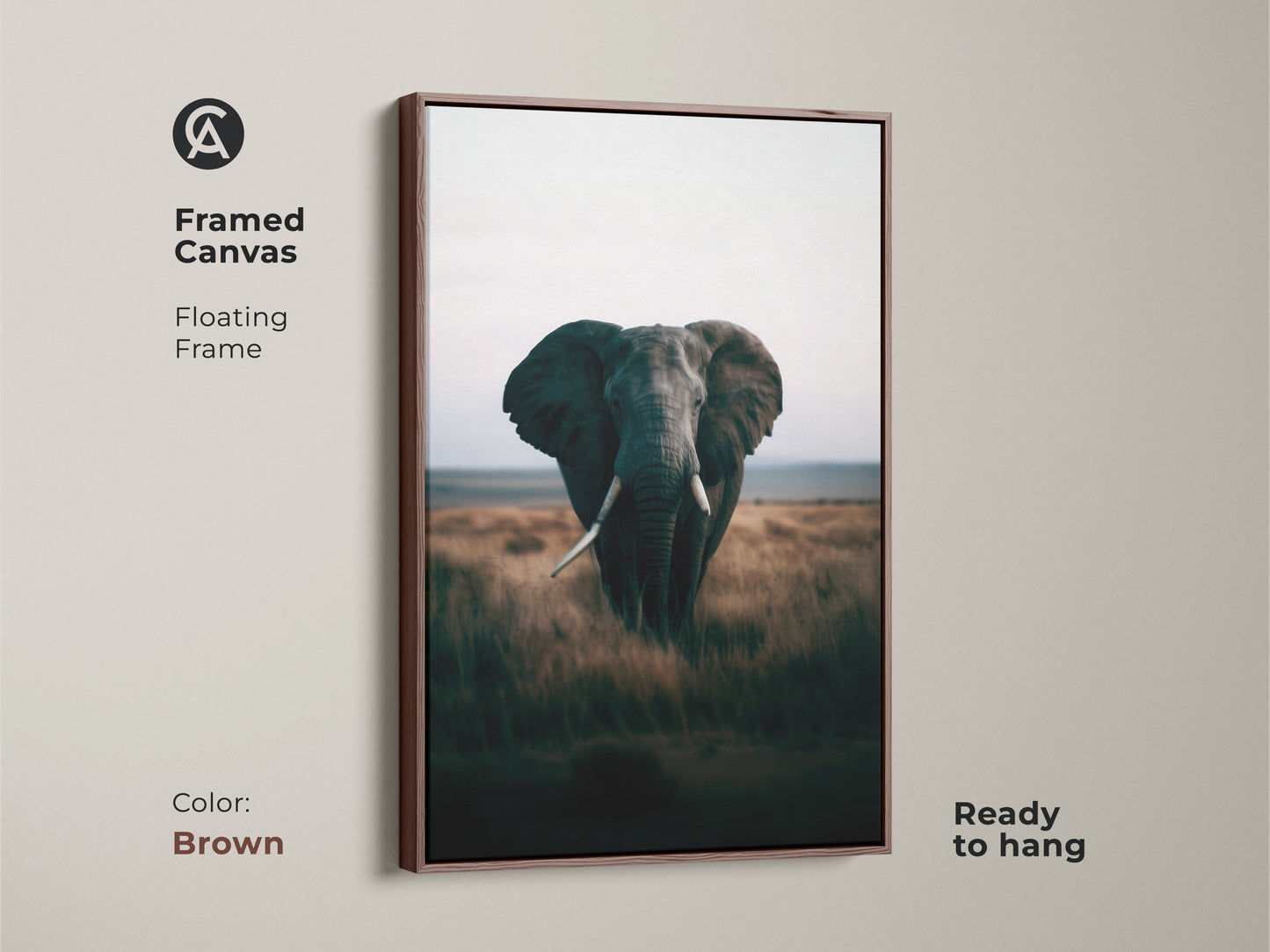 Framed canvas of an elephant in a floating frame. The brown frame complements this wildlife art. This African savanna nature photography is ready to hang. The animal portrait enhances any home decor. A perfect housewarming gift for lovers of natural landscapes.