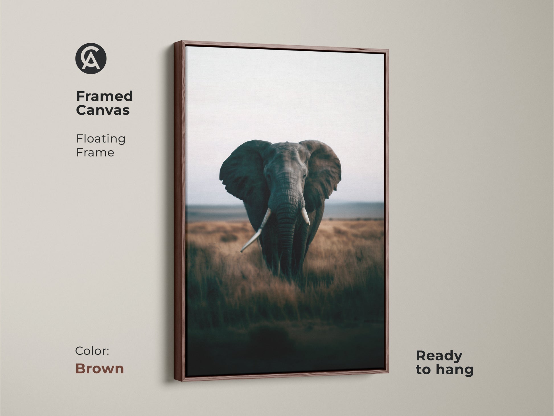 Framed canvas of an elephant in a floating frame. The brown frame complements this wildlife art. This African savanna nature photography is ready to hang. The animal portrait enhances any home decor. A perfect housewarming gift for lovers of natural landscapes.