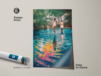 This poster print showcases a tropical pool scene with women leisure art. The teal yellow blue artwork is easy to frame. Perfect modern art for coastal contemporary print beach-themed decor.
