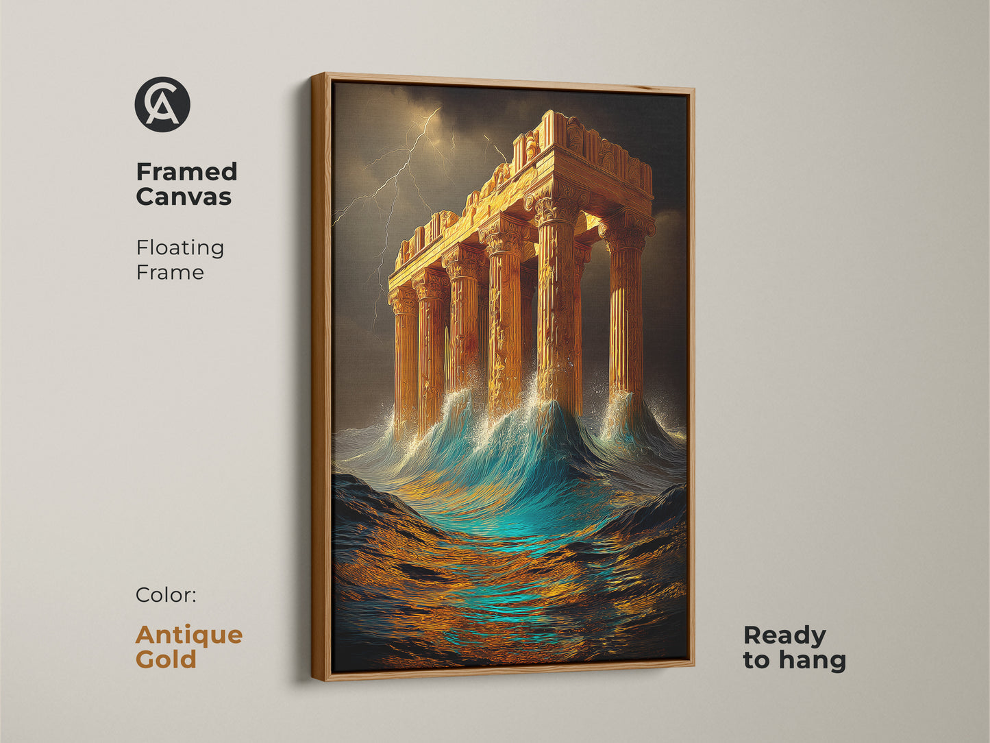Antique Gold framed canvas of an ancient Greek temple during a storm. This mythological art piece is ready to hang. Floating frame complements the golden hour art. Perfect as eclectic wall art or a housewarming gift for those who love classical ruins.