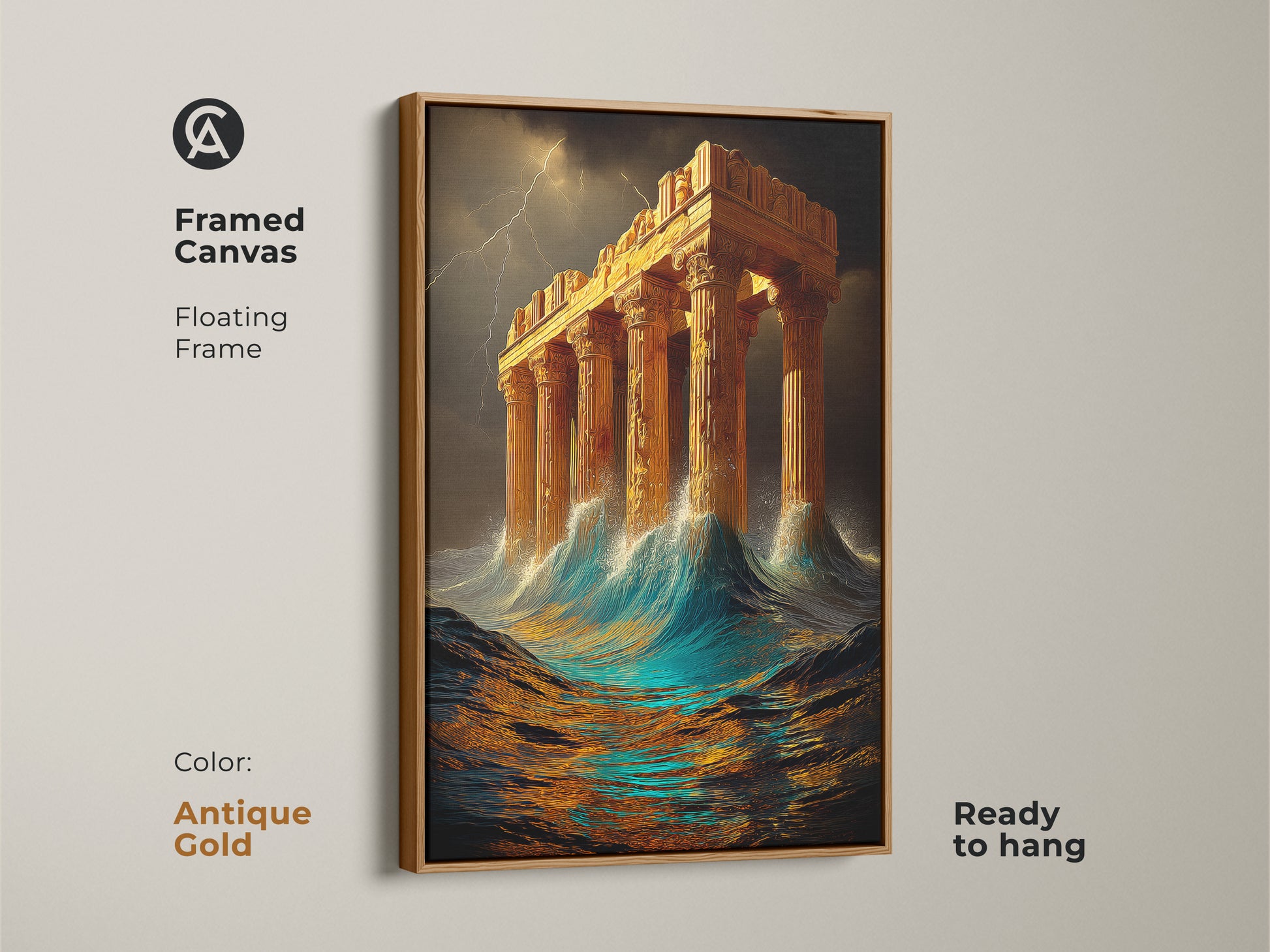 Antique Gold framed canvas of an ancient Greek temple during a storm. This mythological art piece is ready to hang. Floating frame complements the golden hour art. Perfect as eclectic wall art or a housewarming gift for those who love classical ruins.