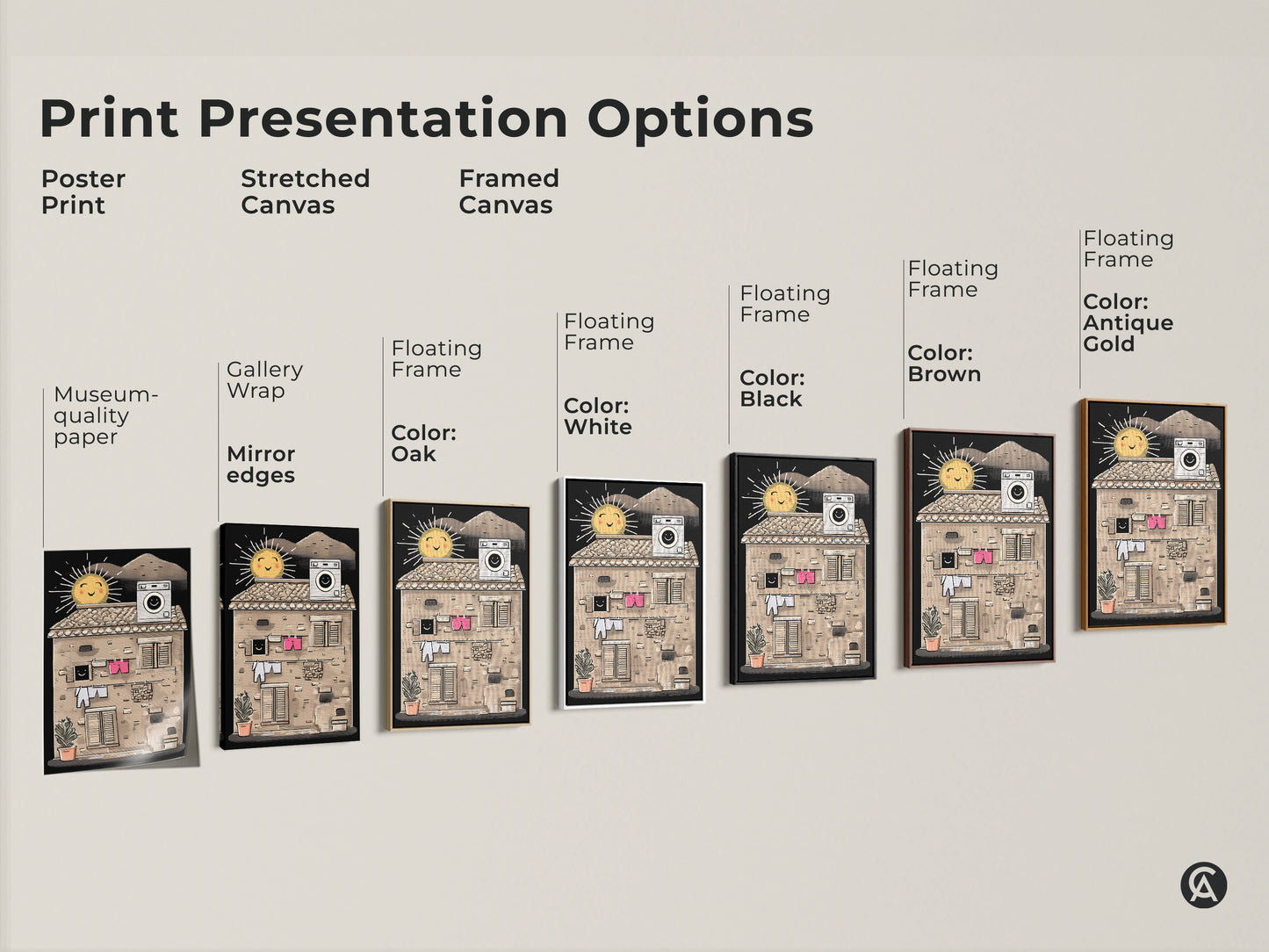 Explore print presentation options for the Halftone Sun & Laundry artwork. Choose from poster prints stretched canvas or framed canvas options. Find the perfect style to match your eclectic home decor aesthetic today.