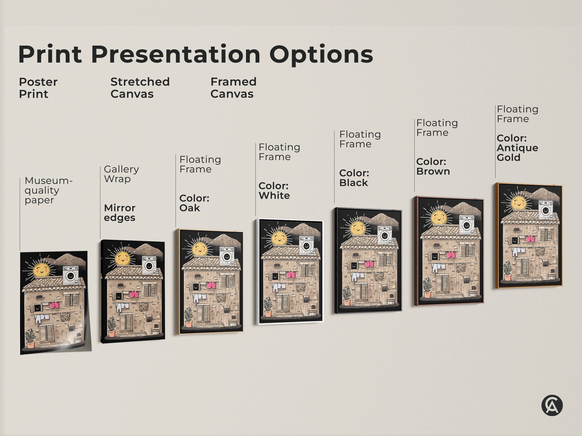 Explore print presentation options for the Halftone Sun & Laundry artwork. Choose from poster prints stretched canvas or framed canvas options. Find the perfect style to match your eclectic home decor aesthetic today.