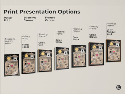 Explore print presentation options for the Halftone Sun & Laundry artwork. Choose from poster prints stretched canvas or framed canvas options. Find the perfect style to match your eclectic home decor aesthetic today.