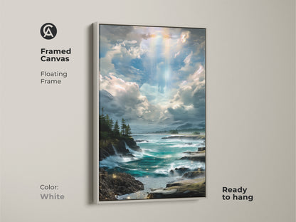 A framed canvas with a white frame showcasing an ocean landscape art print. It is a teal seascape wall art with rocky coastline and cloudy sky. Great housewarming gift for art lovers.