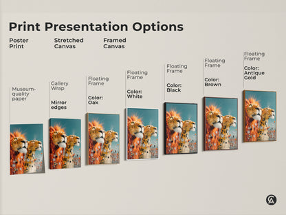 Print presentation options for a lion and leopard artwork. Choose from poster print stretched canvas or framed canvas. Each option enhances the gold and teal wildlife art. Find the perfect style.