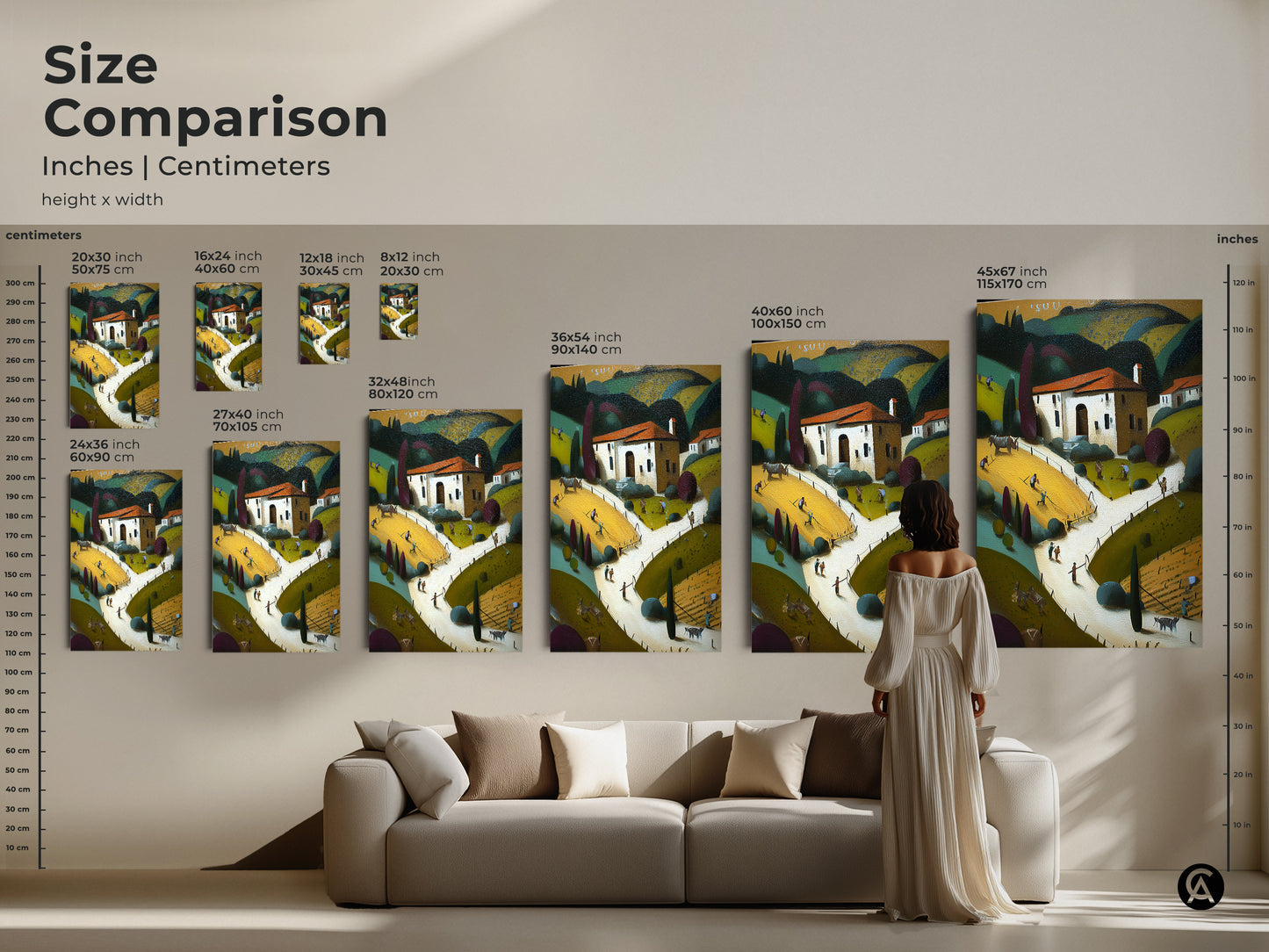 Size comparison of folk art farmhouse landscape artwork in inches and centimeters. Various sizes available to fit any space from small to large. This stylized countryside scene enhances any room. Perfect for residential wall decor. A great art print for new homeowners.