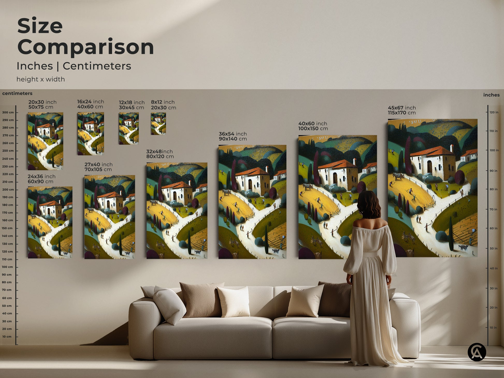 Size comparison of folk art farmhouse landscape artwork in inches and centimeters. Various sizes available to fit any space from small to large. This stylized countryside scene enhances any room. Perfect for residential wall decor. A great art print for new homeowners.