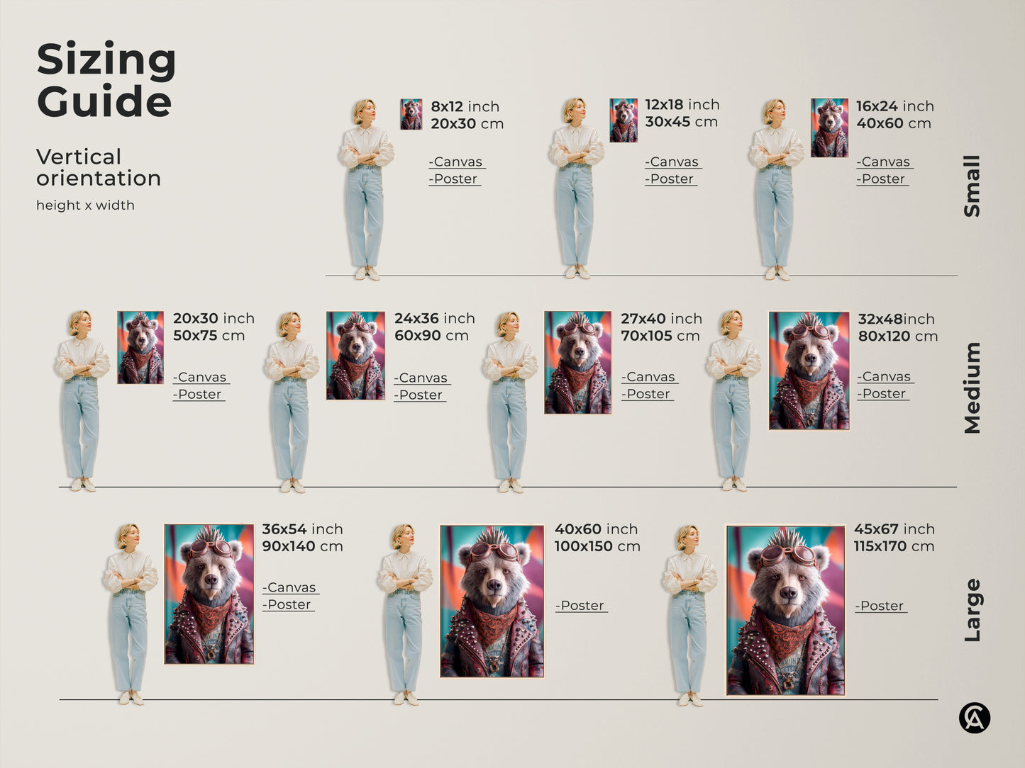 Sizing guide for vertical punk bear artwork. Canvas and poster options are available in various sizes. Find the perfect fit for your space with small medium and large options. Eclectic wall art to enhance any room. Shop now for biker jacket animal art.