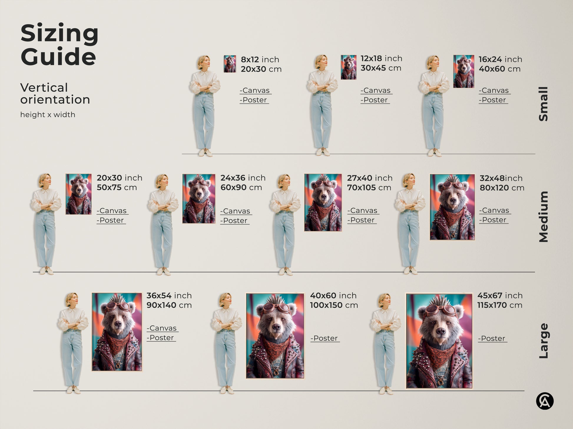 Sizing guide for vertical punk bear artwork. Canvas and poster options are available in various sizes. Find the perfect fit for your space with small medium and large options. Eclectic wall art to enhance any room. Shop now for biker jacket animal art.