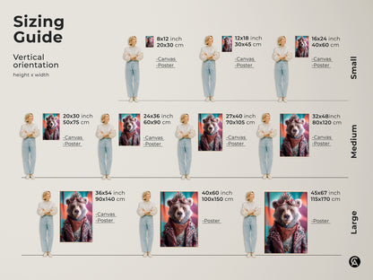 Sizing guide for vertical punk bear artwork. Canvas and poster options are available in various sizes. Find the perfect fit for your space with small medium and large options. Eclectic wall art to enhance any room. Shop now for biker jacket animal art.