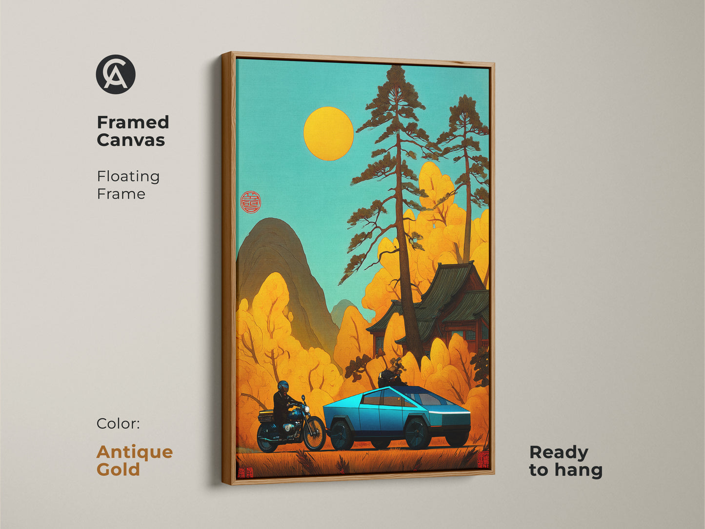 Japanese artwork in an antique gold framed canvas. The teal and yellow artwork includes a Cybertruck and motorcycle. This unique piece blends retro and futuristic styles. Ready to hang its perfect for car enthusiasts. This eclectic home decor art adds character to any room.