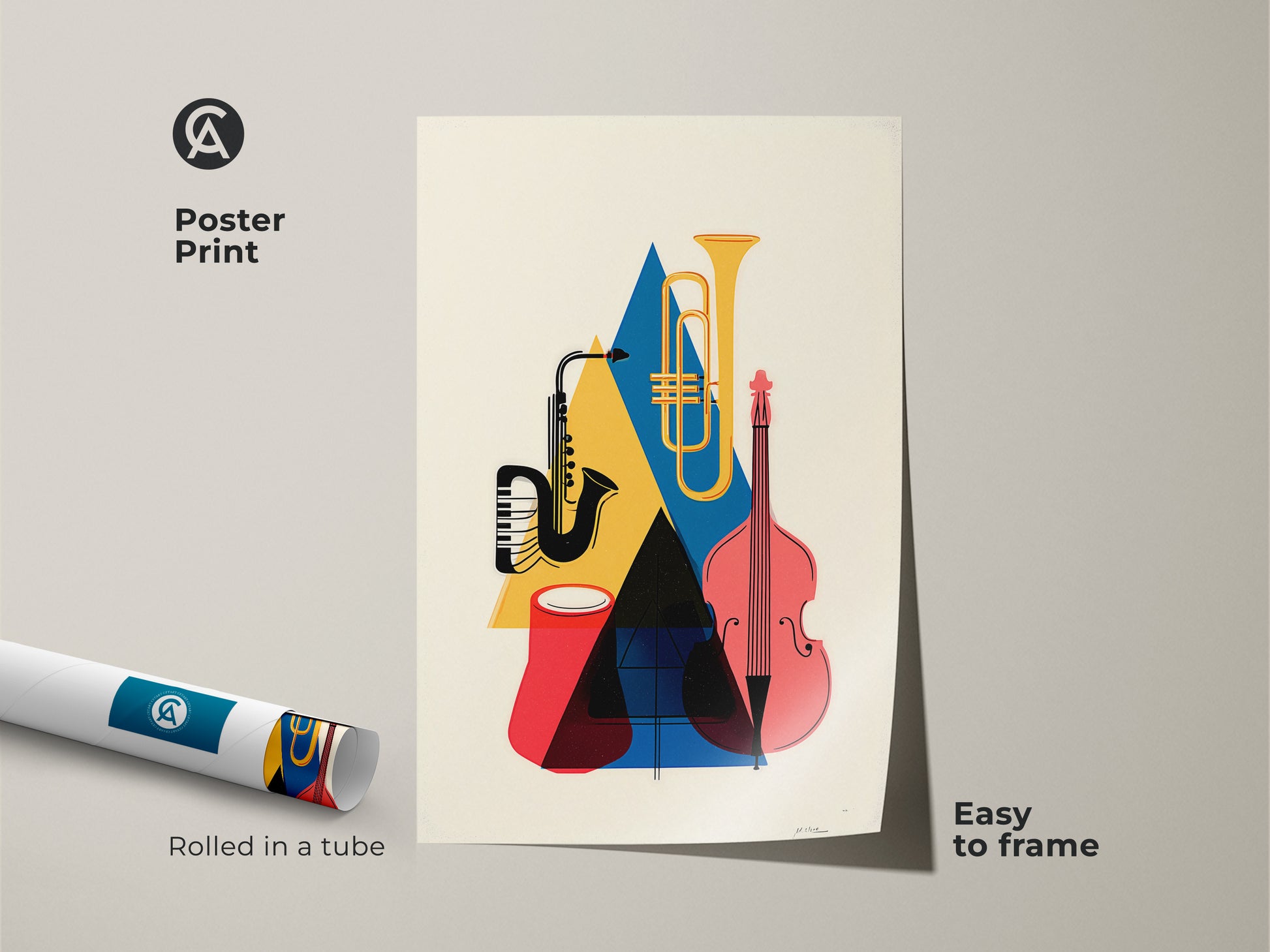 Poster print of abstract geometric music art rolled in a tube. The art features a mid-century modern style. It includes a saxophone tuba and double bass. The colors are yellow blue and red. Easy to frame this retro jazz music print brings an artistic vibe. This wall hanging is perfect for music lovers seeking unique decor.