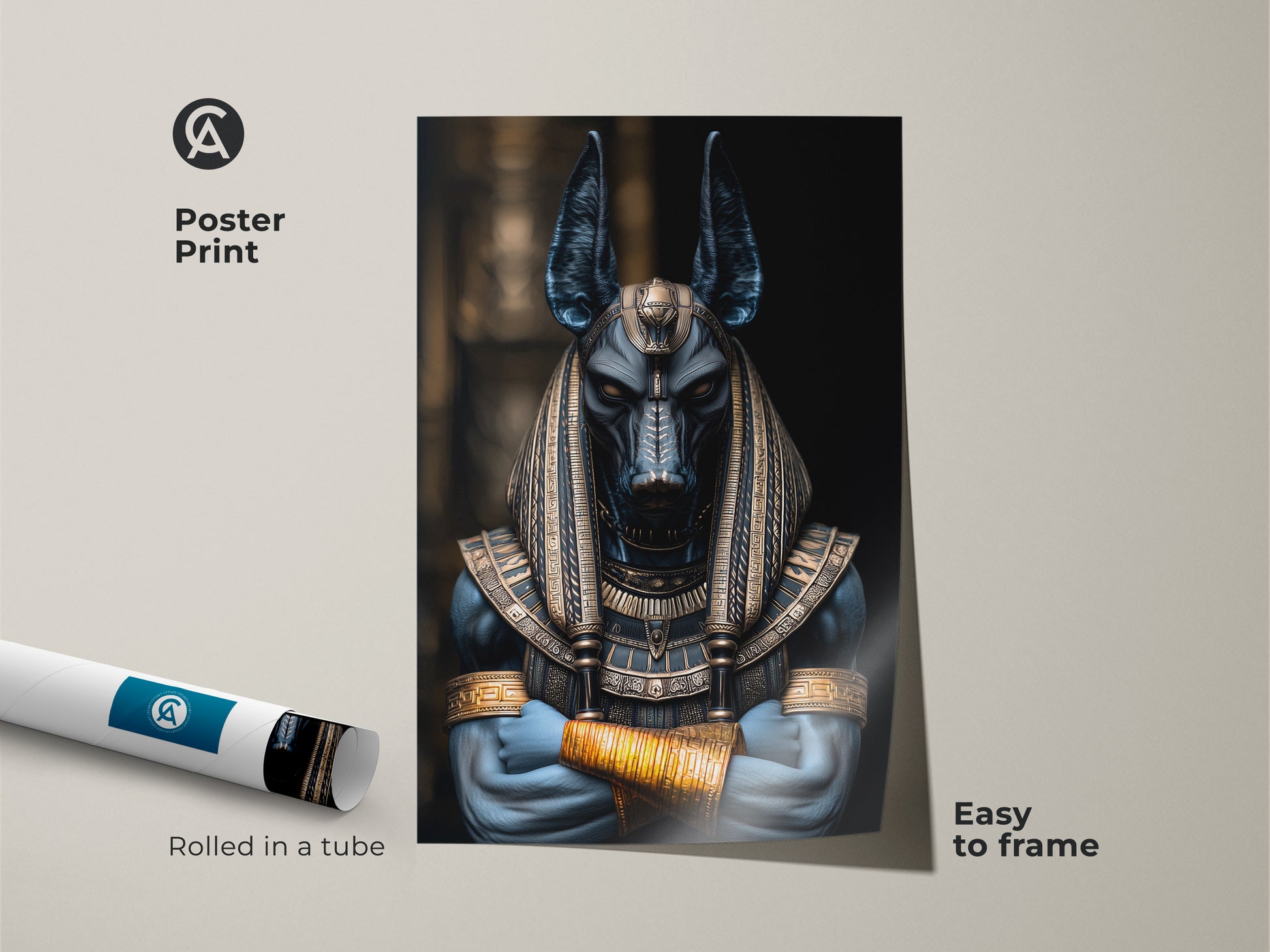 Poster print of Anubis the Egyptian Jackal God artwork. Rolled in a tube for easy framing. Dark fantasy wall decor with a deep blue and gold color scheme. Perfect for eclectic home decor or as a unique mythology gift. Great addition to study room wall art.