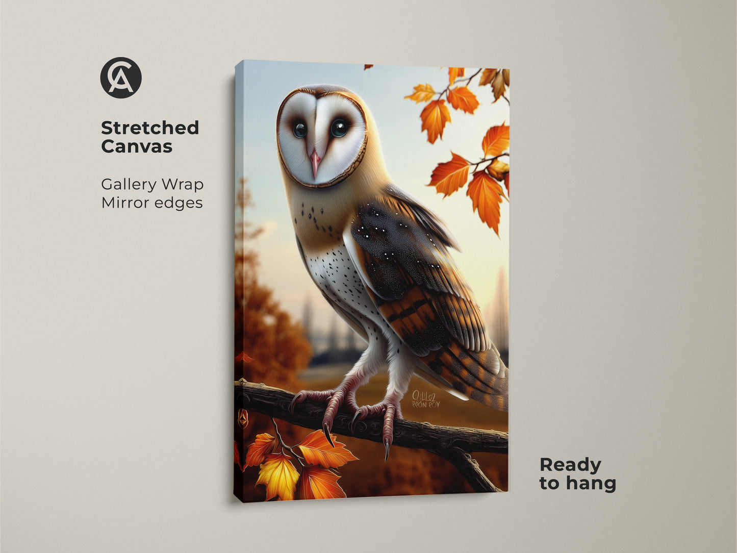 Stretched canvas print of a realistic barn owl artwork. The gallery wrap has mirrored edges offering a seamless look. Autumn maple leaves enhance the rustic woodland animal decor. Ready to hang wall art.