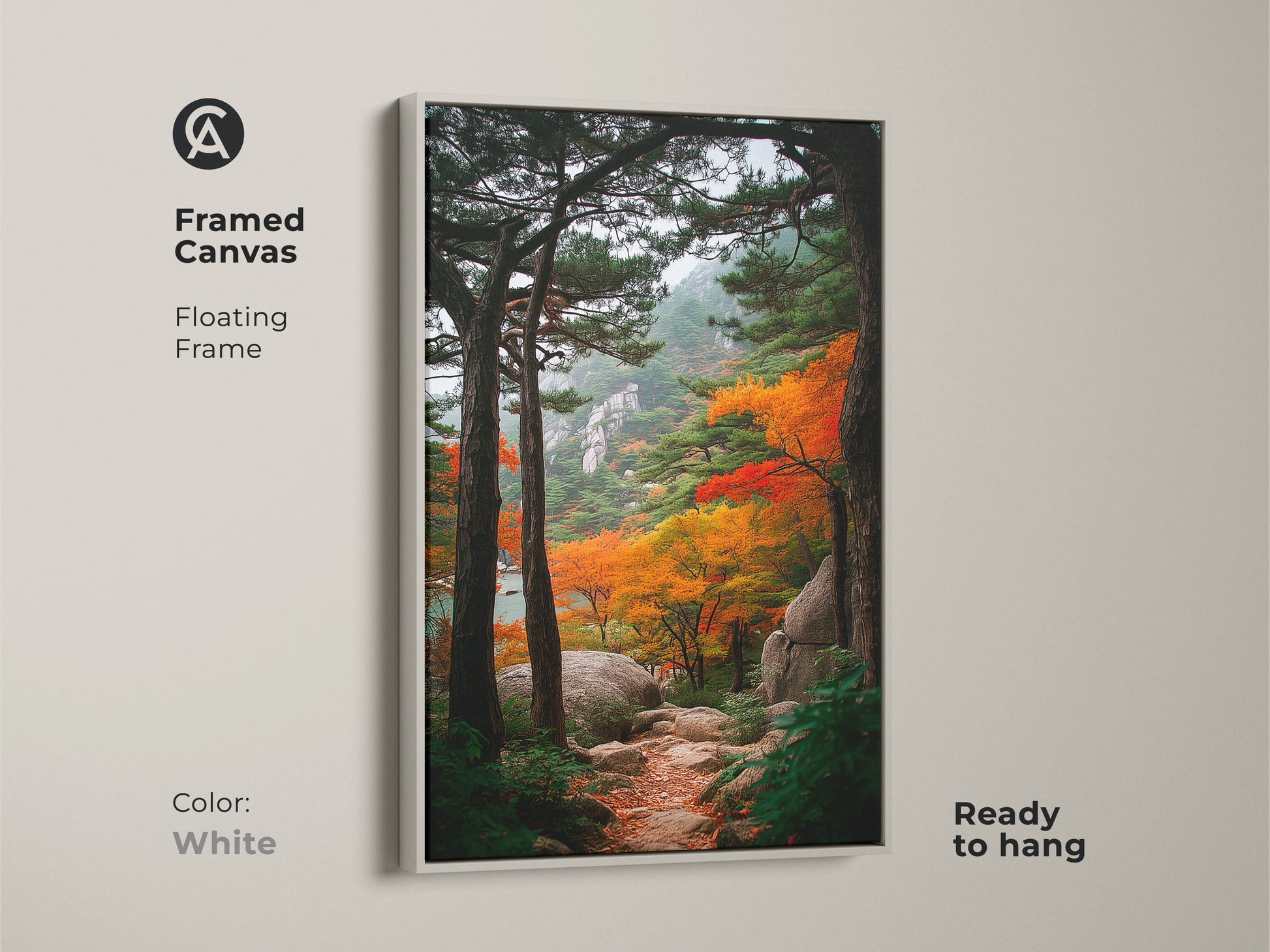Framed canvas art showcasing a mountain path in autumn. The white floating frame provides a clean look. This ready-to-hang piece brings nature indoors. It's a stylish choice for wall decoration.