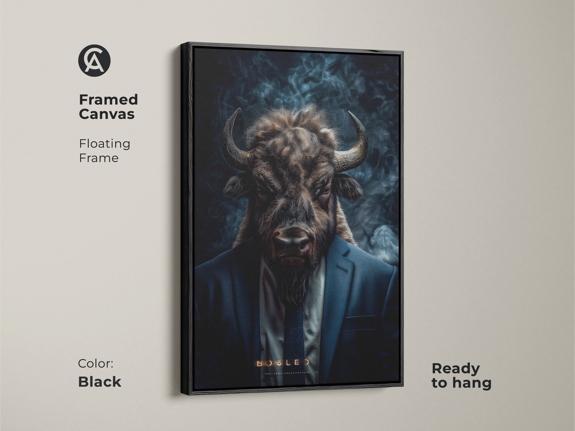 A framed canvas features a buffalo head on a man in a suit. The floating frame is black and ready to hang. This unique artwork adds character to any room.