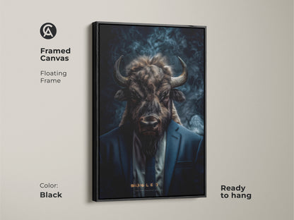A framed canvas features a buffalo head on a man in a suit. The floating frame is black and ready to hang. This unique artwork adds character to any room.