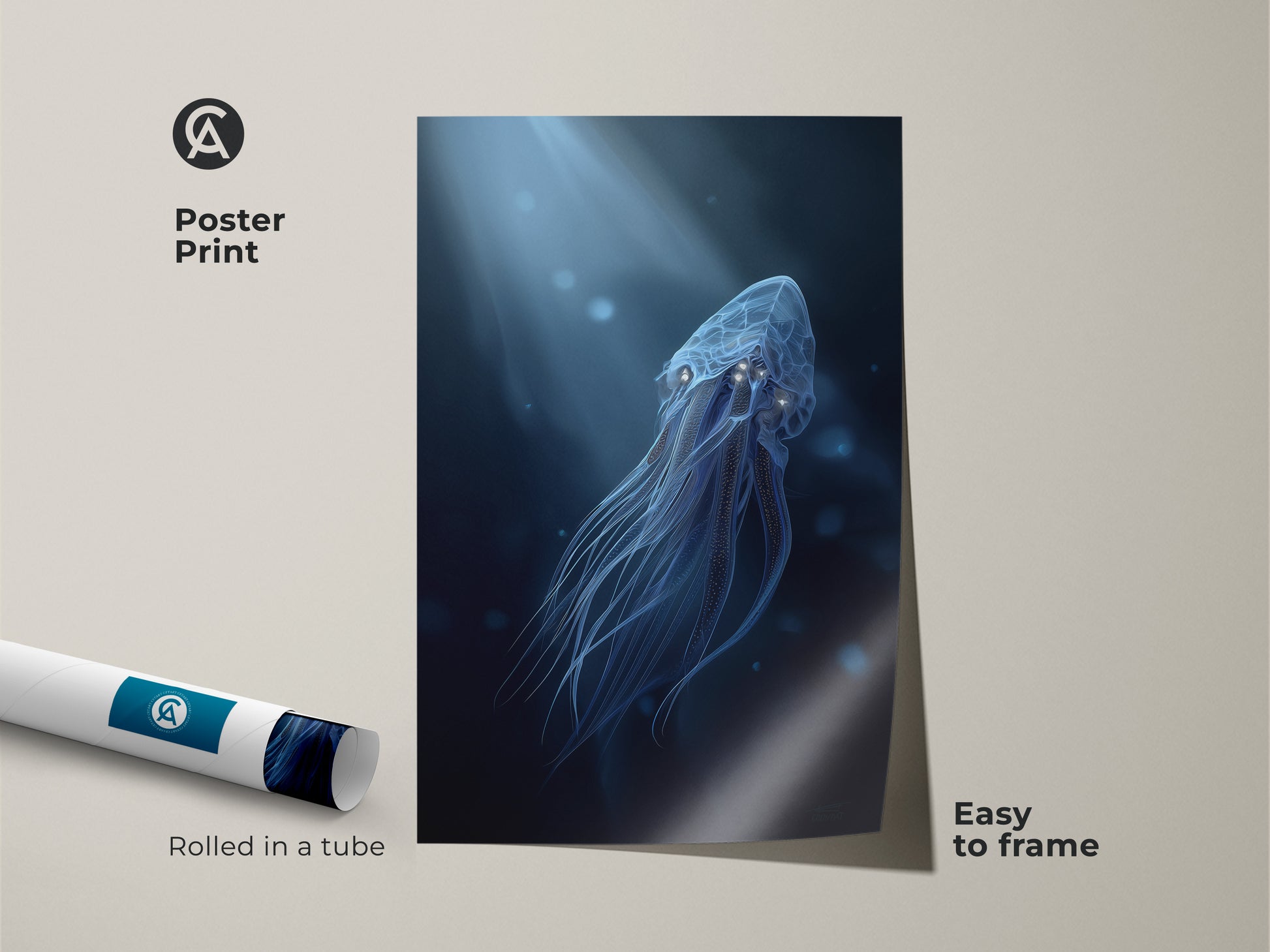 Poster print of a surreal jellyfish. This ocean art features electric blue and cyan hues. Rolled in a tube and easy to frame. A unique piece of deep sea creature artwork.