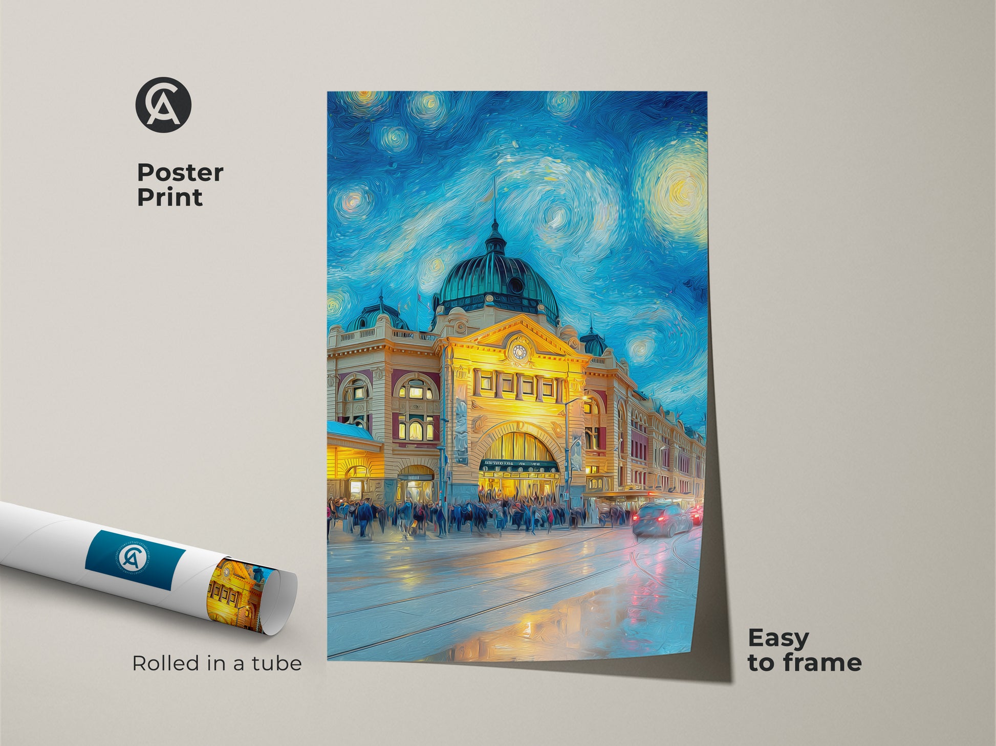 Poster print of Flinders Street Station art. This museum-quality paper print is rolled in a tube for protection. The artwork is easy to frame. It features a Starry Night style. A perfect addition to any art collection.