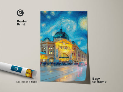 Poster print of Flinders Street Station art. This museum-quality paper print is rolled in a tube for protection. The artwork is easy to frame. It features a Starry Night style. A perfect addition to any art collection.