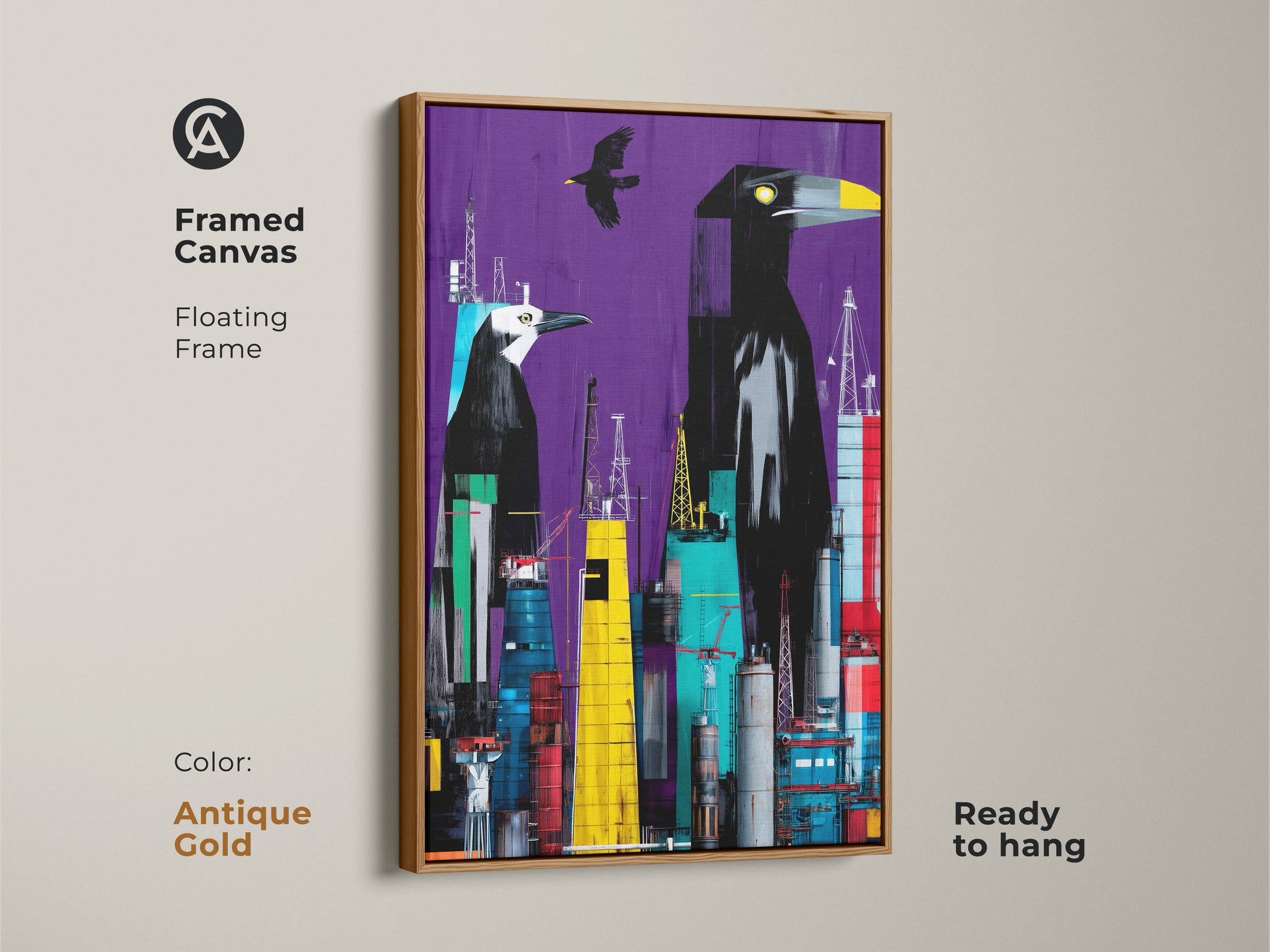 Framed canvas showing surreal bird cityscape. Antique gold floating frame enhances the purple yellow teal colors of the wall art. Industrial bird canvas ready to hang.