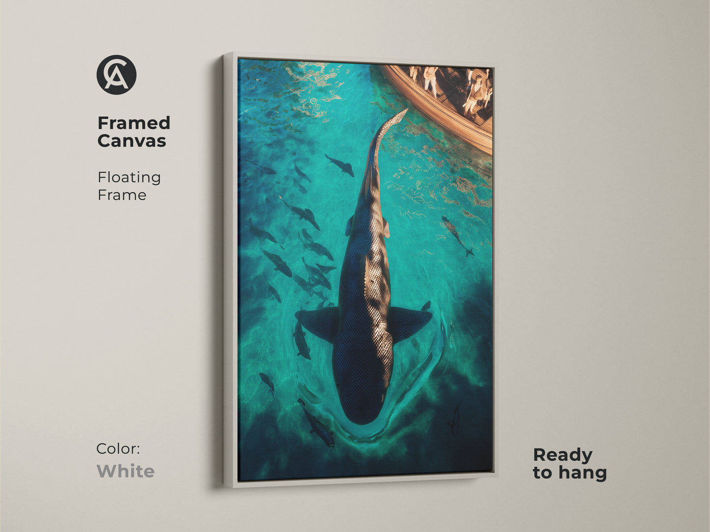 Framed Canvas of Surreal Marine Life Artwork. The print features a turquoise ocean scene with a large shark and boat. White floating frame and ready to hang. Perfect for an animal wall hanging. A unique and captivating element to any room.