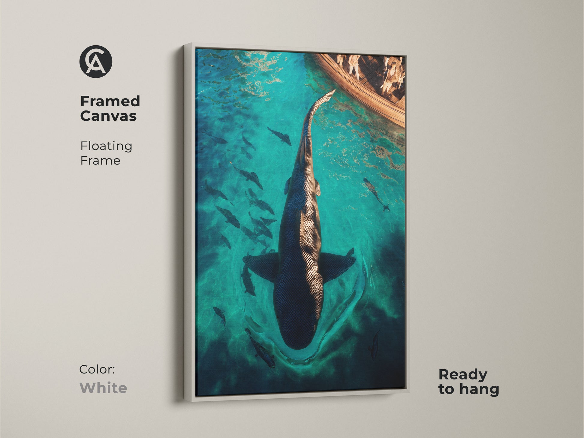 Framed Canvas of Surreal Marine Life Artwork. The print features a turquoise ocean scene with a large shark and boat. White floating frame and ready to hang. Perfect for an animal wall hanging. A unique and captivating element to any room.
