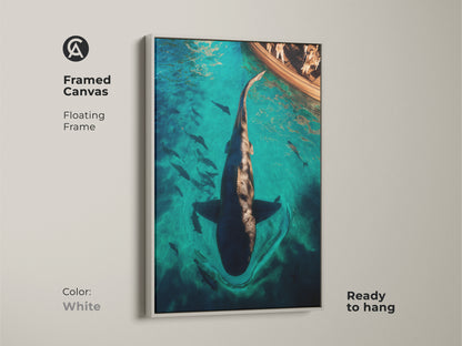 Framed Canvas of Surreal Marine Life Artwork. The print features a turquoise ocean scene with a large shark and boat. White floating frame and ready to hang. Perfect for an animal wall hanging. A unique and captivating element to any room.