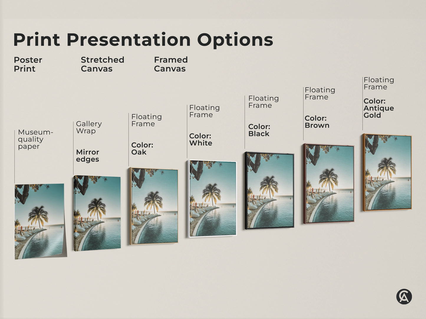 Explore print presentation options for coastal artwork. Choose from poster prints stretched canvas and framed canvas. Find the perfect style for your tropical beach wall art. Options include black brown antique gold and white frames.