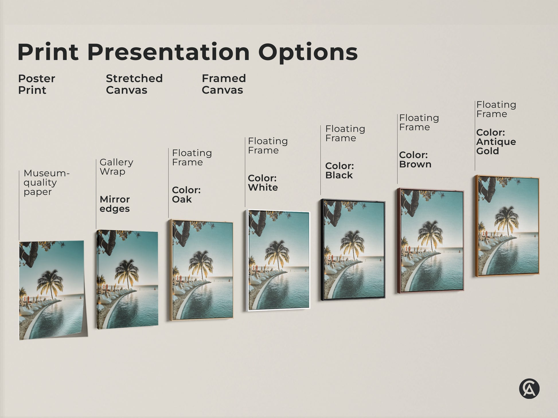 Explore print presentation options for coastal artwork. Choose from poster prints stretched canvas and framed canvas. Find the perfect style for your tropical beach wall art. Options include black brown antique gold and white frames.
