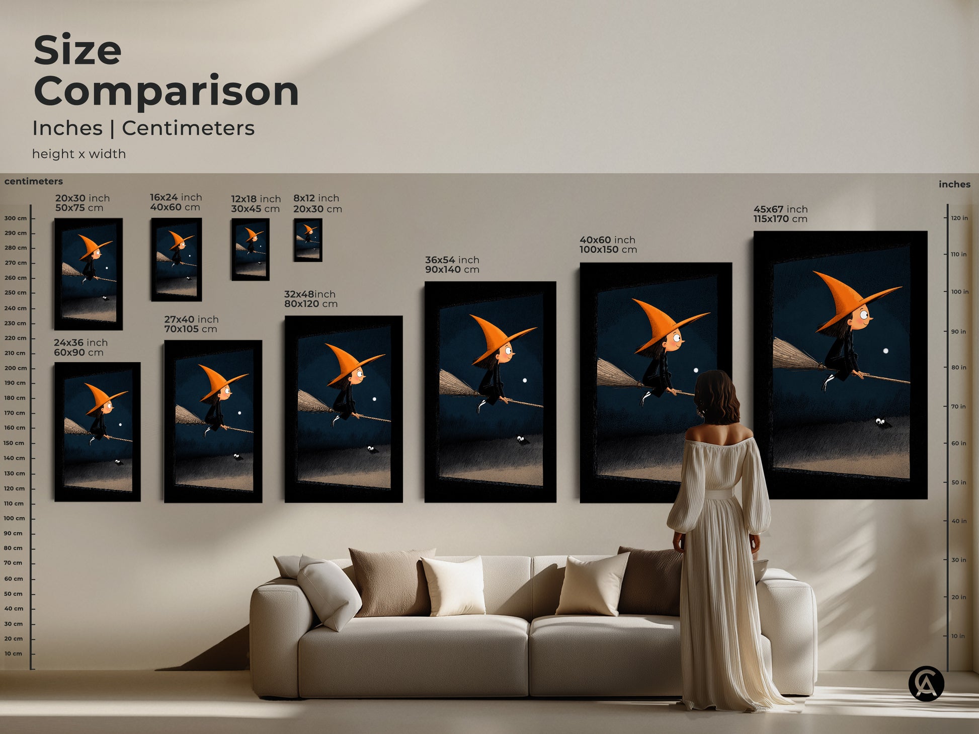 Size comparison of the Halloween witch art print in inches and centimeters. The whimsical fantasy art scales from small to large. See how the cute witch poster fits above a sofa. Perfect for kids room decor seasonal wall decor or as a fantasy Halloween gift. Choose the right size for your unique Halloween art.