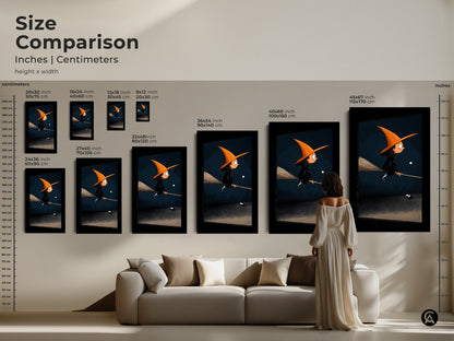 Size comparison of the Halloween witch art print in inches and centimeters. The whimsical fantasy art scales from small to large. See how the cute witch poster fits above a sofa. Perfect for kids room decor seasonal wall decor or as a fantasy Halloween gift. Choose the right size for your unique Halloween art.