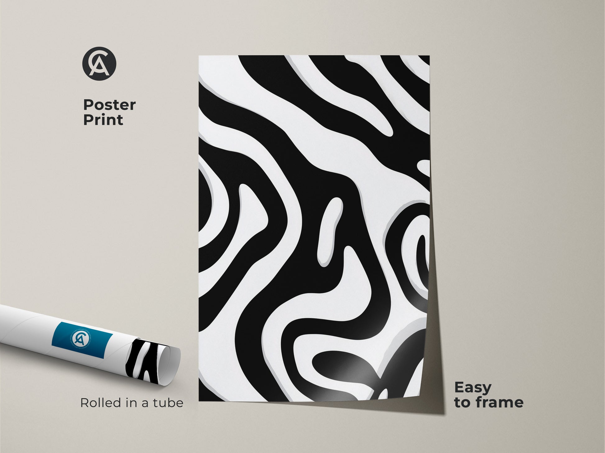 Poster print showcasing an abstract zebra stripe pattern. The black and white organic artwork is easy to frame. This modern minimalist wall art arrives rolled in a tube. Perfect for adding a contemporary touch to any room decor.